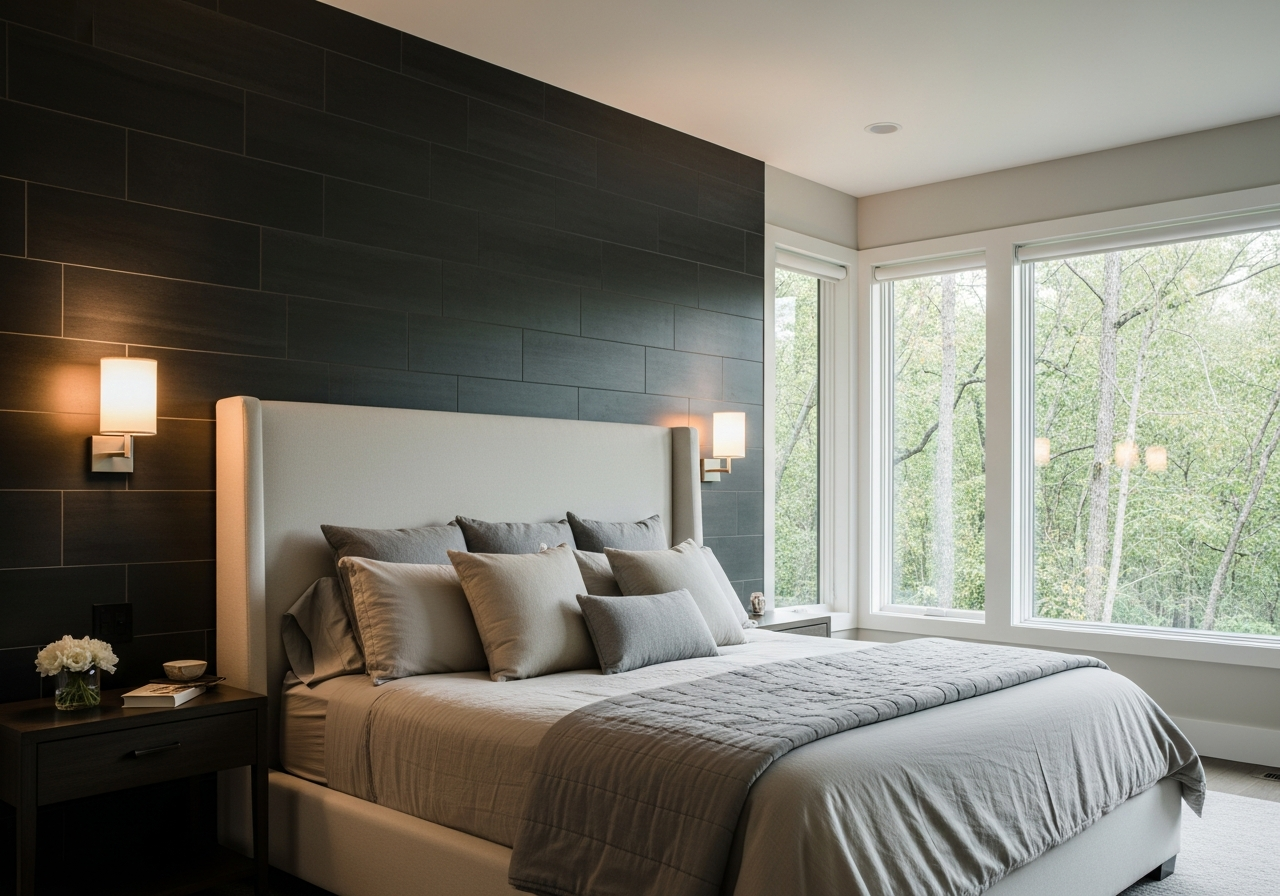 Dark slate porcelain tile accent wall behind king bed in a luxury Michigan master suite