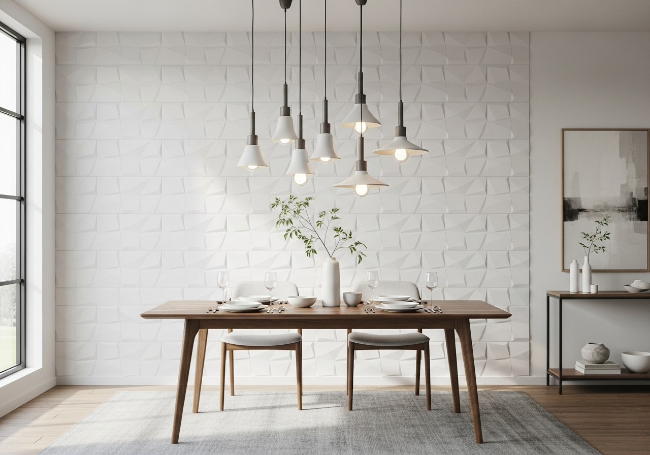 3D textured white porcelain tile accent wall in a modern West Michigan dining room