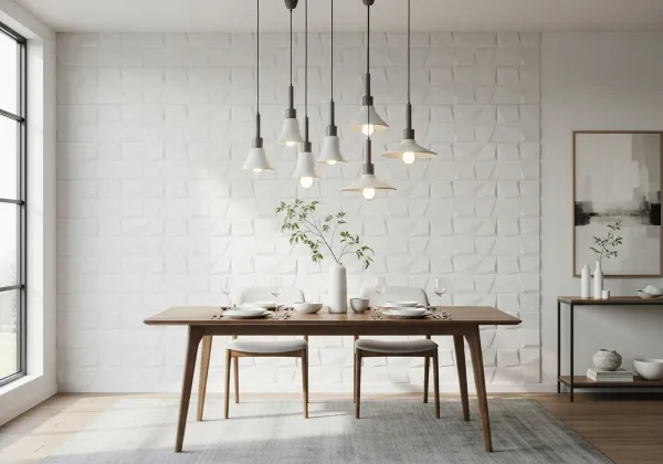 3D textured white porcelain tile accent wall in a modern West Michigan dining room
