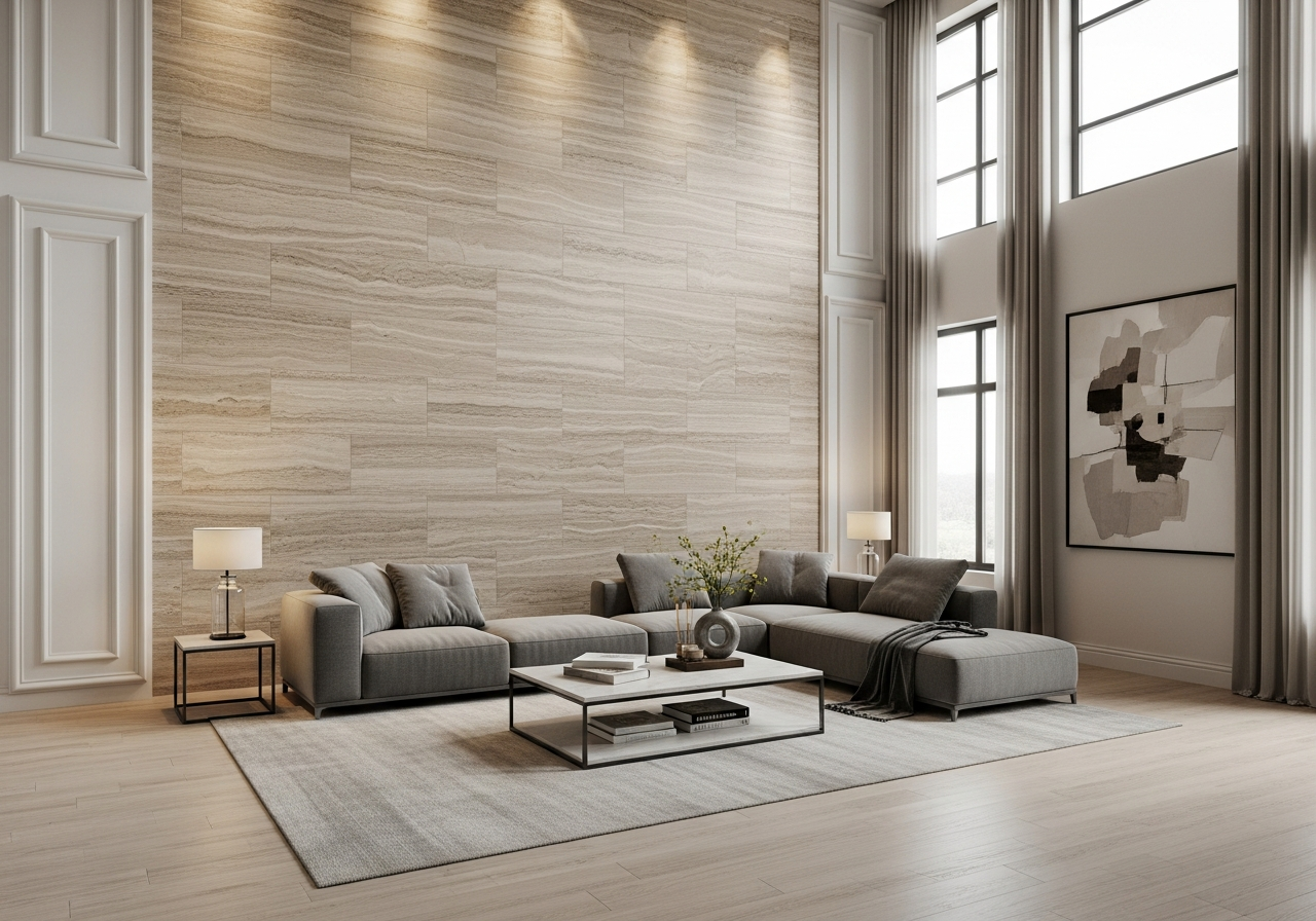 Floor to ceiling travertine-look porcelain tile accent wall in a luxury Grand Rapids living room