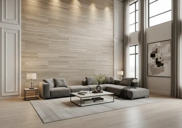 Floor to ceiling travertine-look porcelain tile accent wall in a luxury Grand Rapids living room