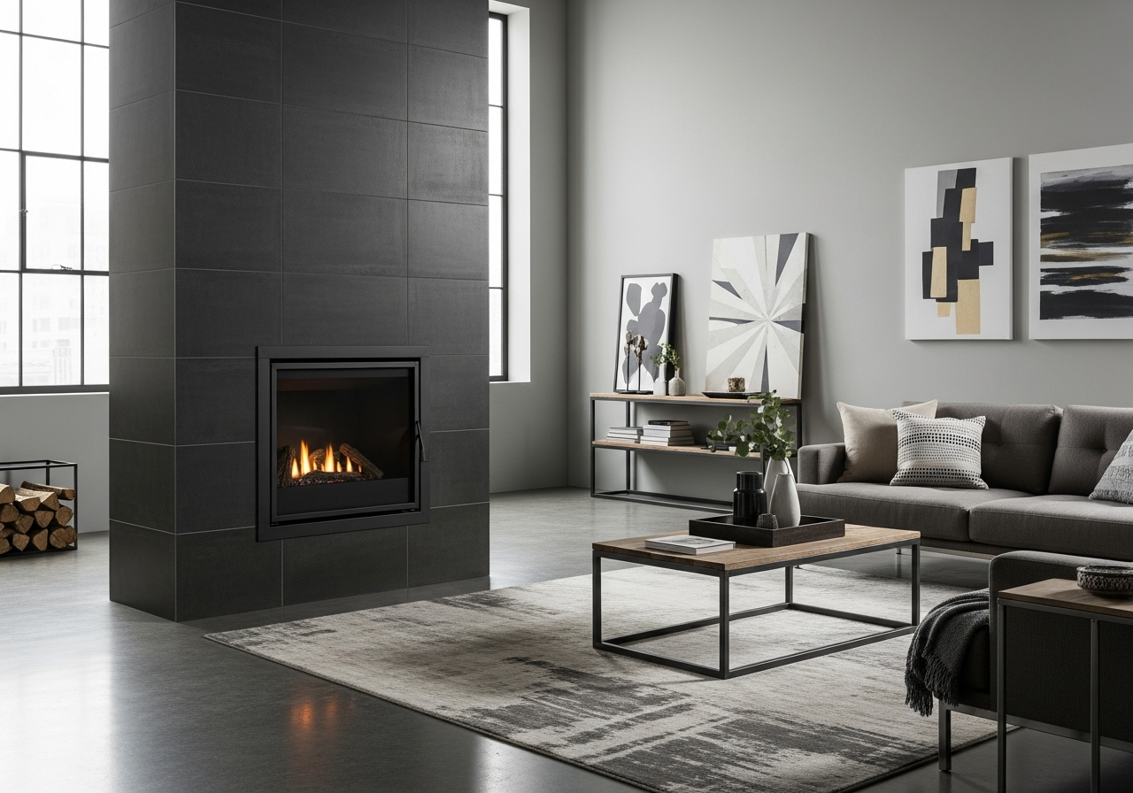Dark concrete-look porcelain tile fireplace refacing in a modern industrial Michigan living room