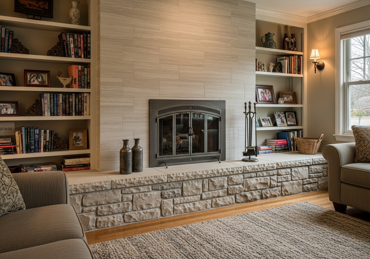 Limestone-look porcelain tile fireplace surround with stone hearth in a traditional West Michigan home