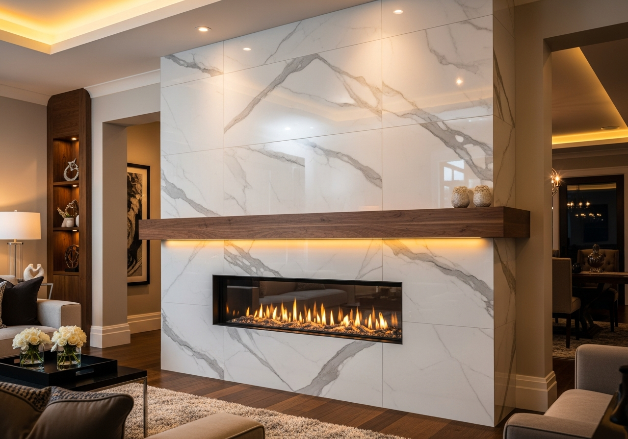 Large-format marble-look porcelain tile fireplace surround with linear gas insert in a luxury Grand Rapids home