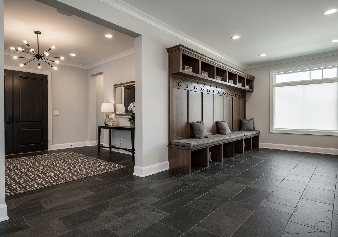 Slate-look porcelain tile entryway and mudroom floor in a luxury West Michigan home