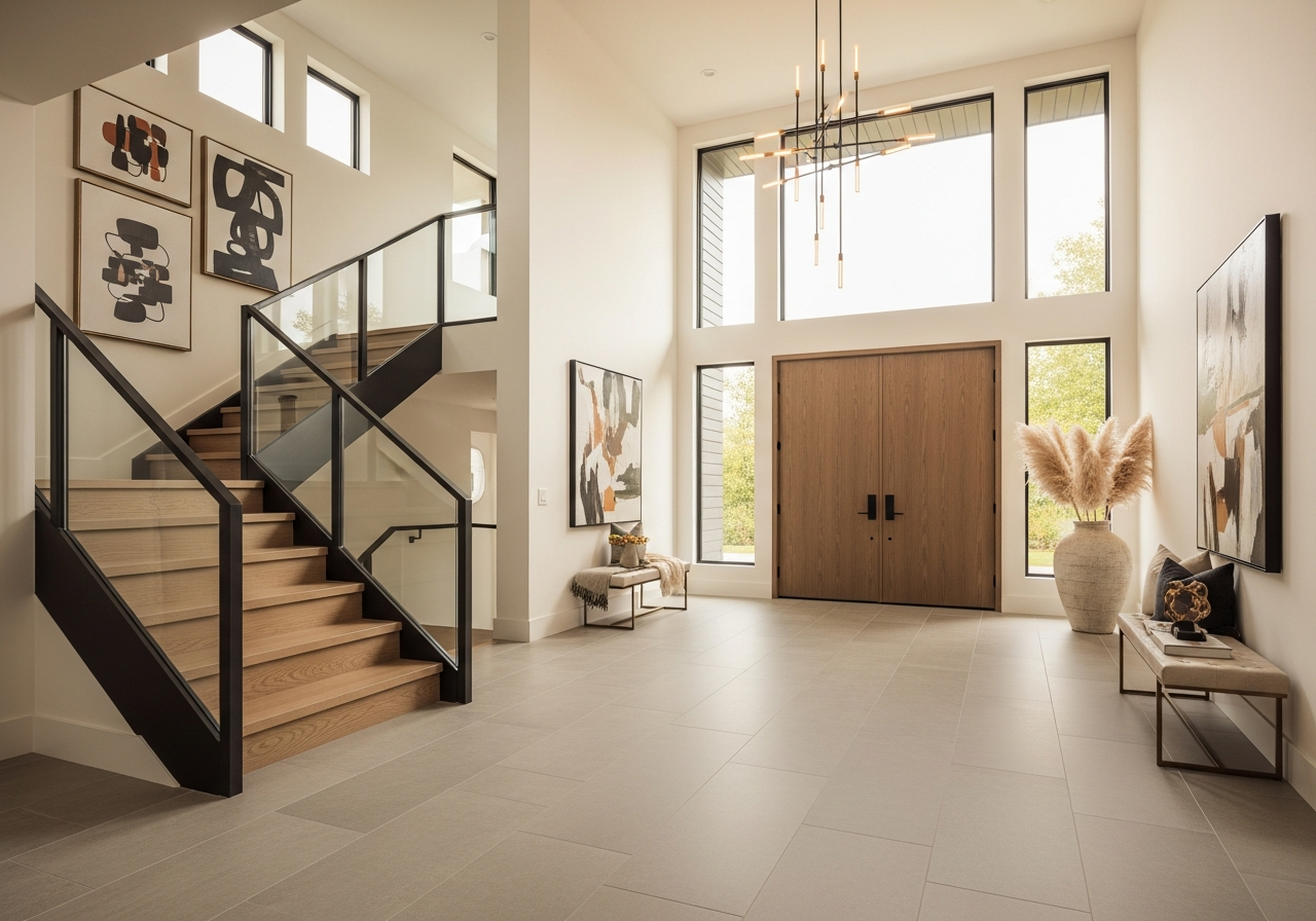 Modern foyer with large format light gray porcelain tile floor, black metal glass staircase, and double-height windows - Ada MI