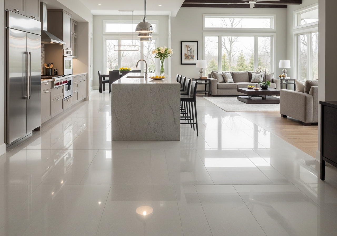 Large format gray porcelain tile floor in a luxury open-concept kitchen - Grand Rapids MI