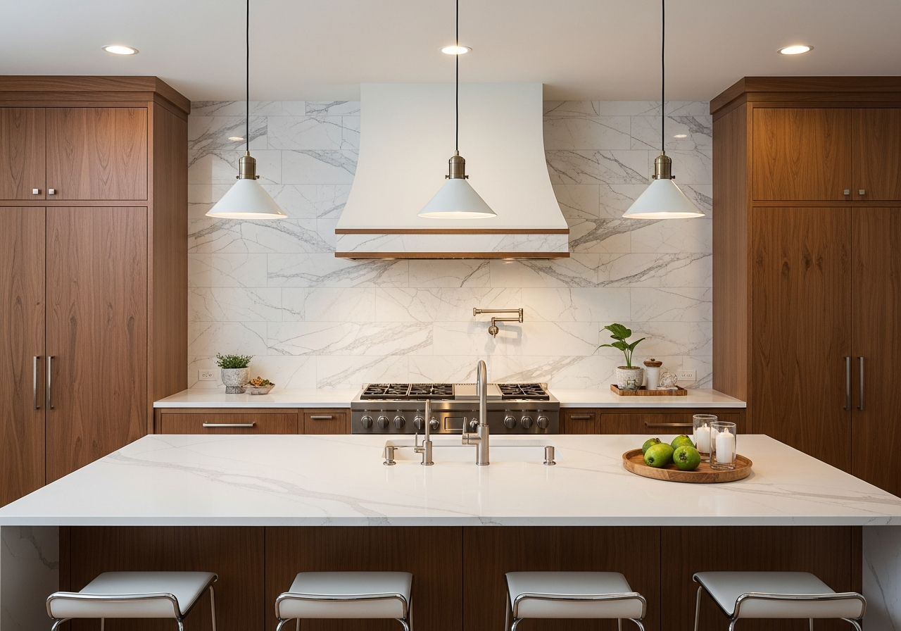 Full wall marble-look porcelain tile backsplash in a luxury Grand Rapids kitchen with walnut cabinets