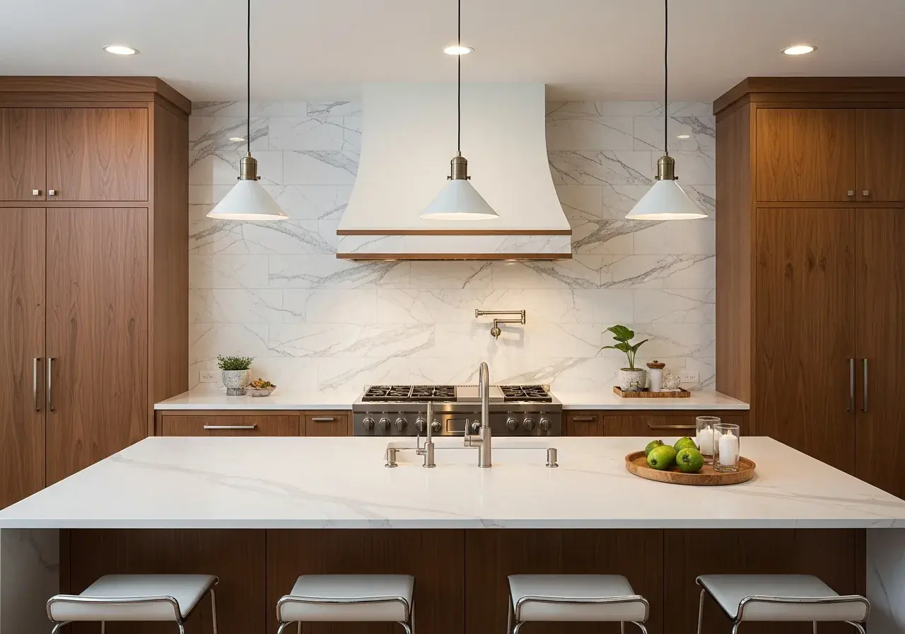 Full-height marble-look porcelain kitchen backsplash tile in a Grand Rapids home