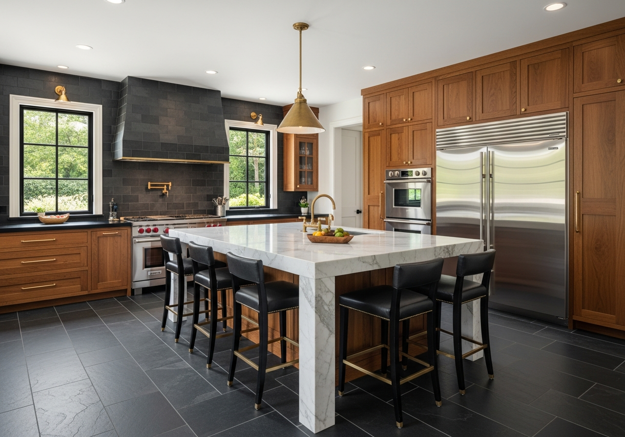 Dark slate porcelain tile kitchen floor with matching backsplash in a luxury West Michigan kitchen