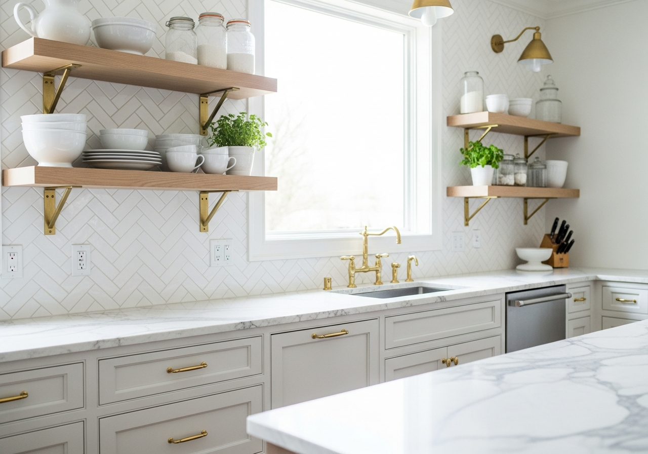 Herringbone pattern white subway tile backsplash in a modern farmhouse Michigan kitchen