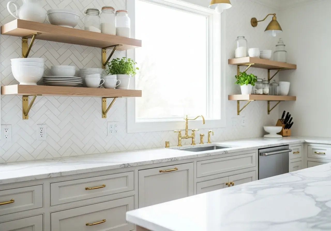 Herringbone pattern white subway tile backsplash installed in a Kentwood, Michigan kitchen