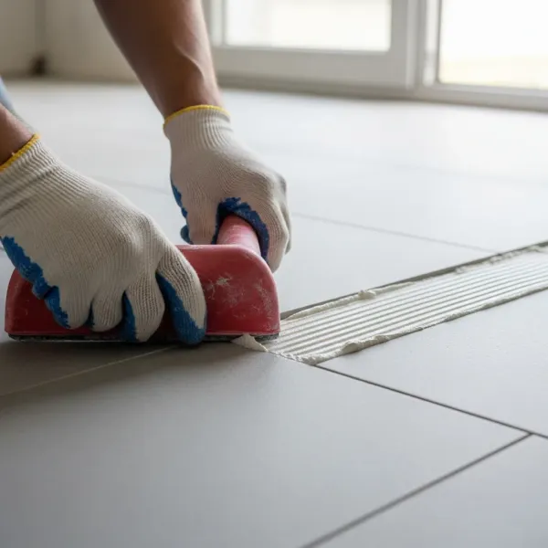 Fresh grout being applied between large format porcelain floor tiles in a Grand Rapids kitchen