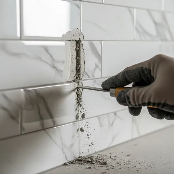 Cracked grout being removed from a marble look porcelain backsplash in a West Michigan kitchen