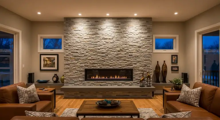 Living room with a floor-to-ceiling stone-look tile accent wall behind a modern linear fireplace