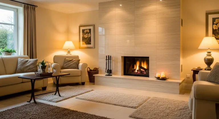 Living room with a fieldstone-look tile fireplace surround and a slate-look plank tile floor