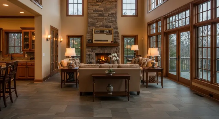 Bright living room with a marble-look porcelain tile floor and windows framing a Lake Michigan view