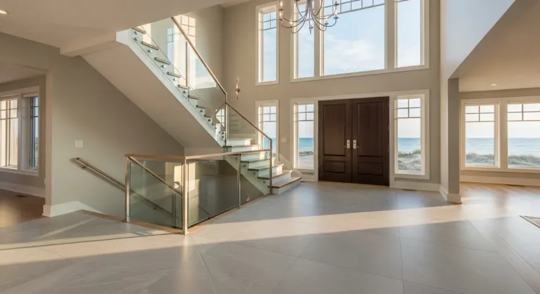 Grand two-story foyer with a large-format porcelain tile floor and curved staircase overlooking Lake Michigan