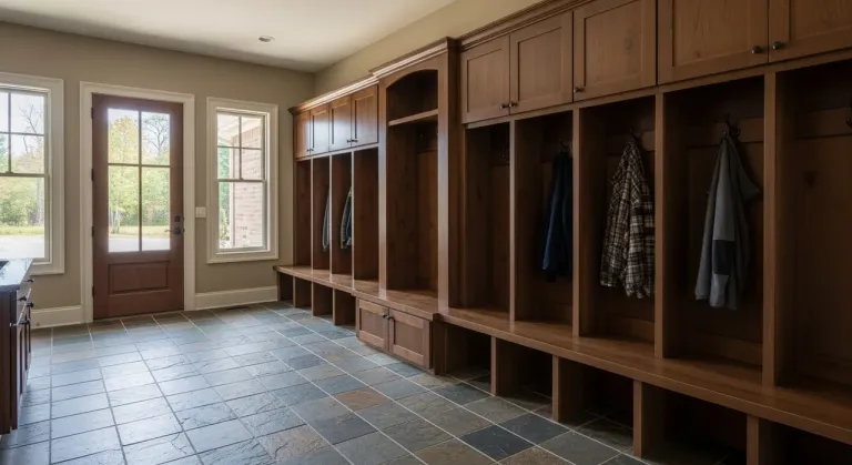 Mudroom entryway with a natural slate tile floor and built-in wood lockers in a West Michigan home