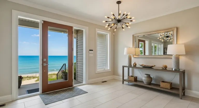 Lakeside entryway with a light large-format tile floor and a glass door framing the Lake Michigan shoreline