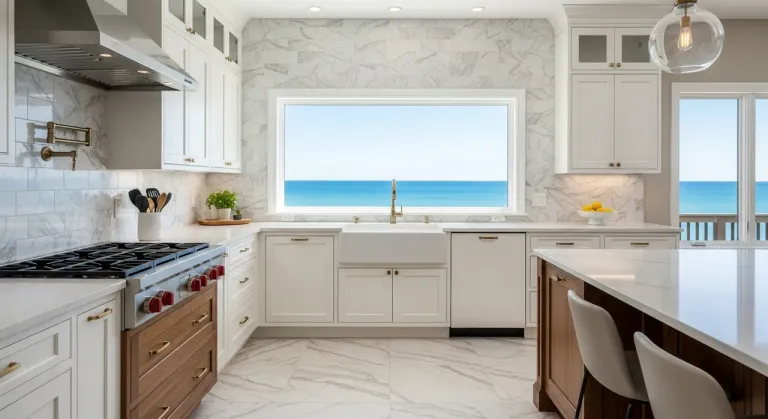 Luxury kitchen with a large-format porcelain tile floor and a window framing a Lake Michigan view