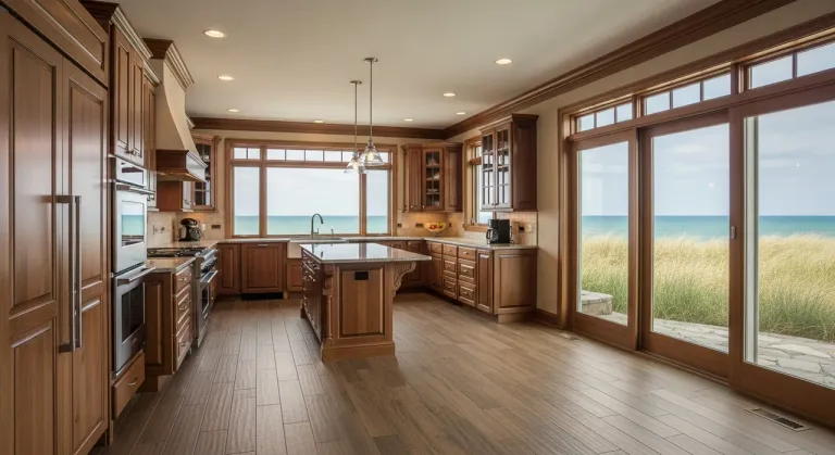 Lakeside kitchen with warm wood-look plank tile flooring and a window overlooking the Lake Michigan shoreline