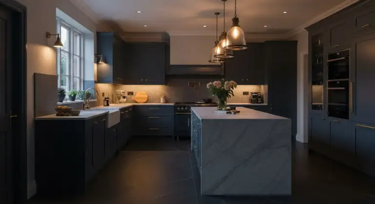 Elegant kitchen with a dark slate-look tile floor and a matching slate backsplash