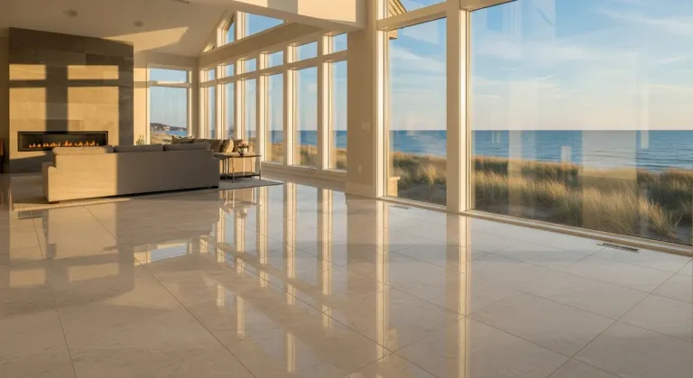 Lakefront living room with a polished large-format tile floor and floor-to-ceiling windows overlooking Lake Michigan at sunset