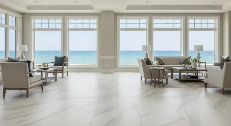 Bright living room with a marble-look porcelain tile floor and windows framing a Lake Michigan view
