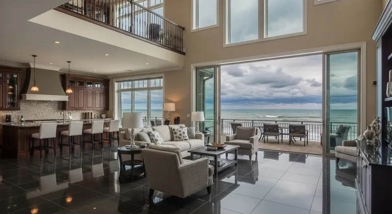 Open-concept living room with a polished charcoal tile floor and walls of glass facing Lake Michigan