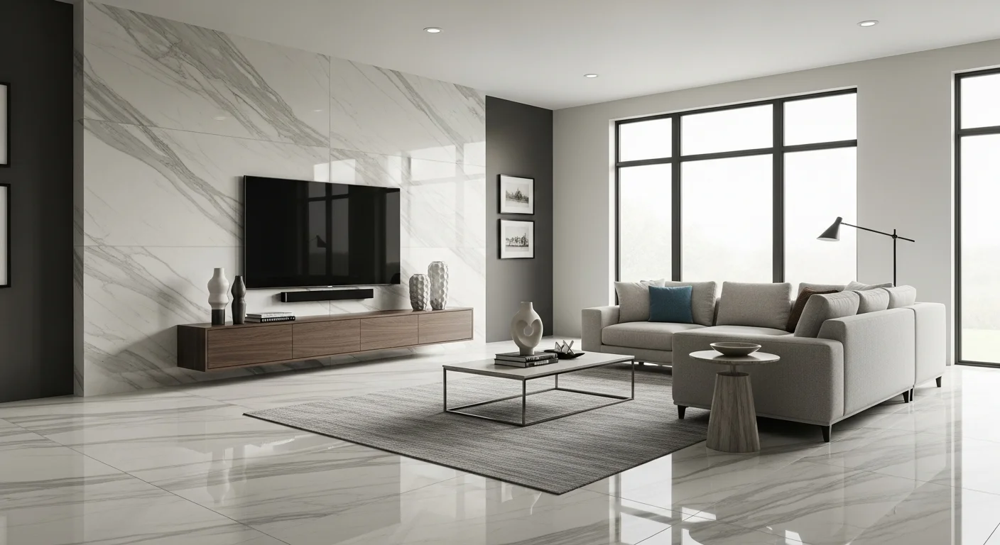 Large format tile accent wall installation in a Grand Rapids Michigan living room