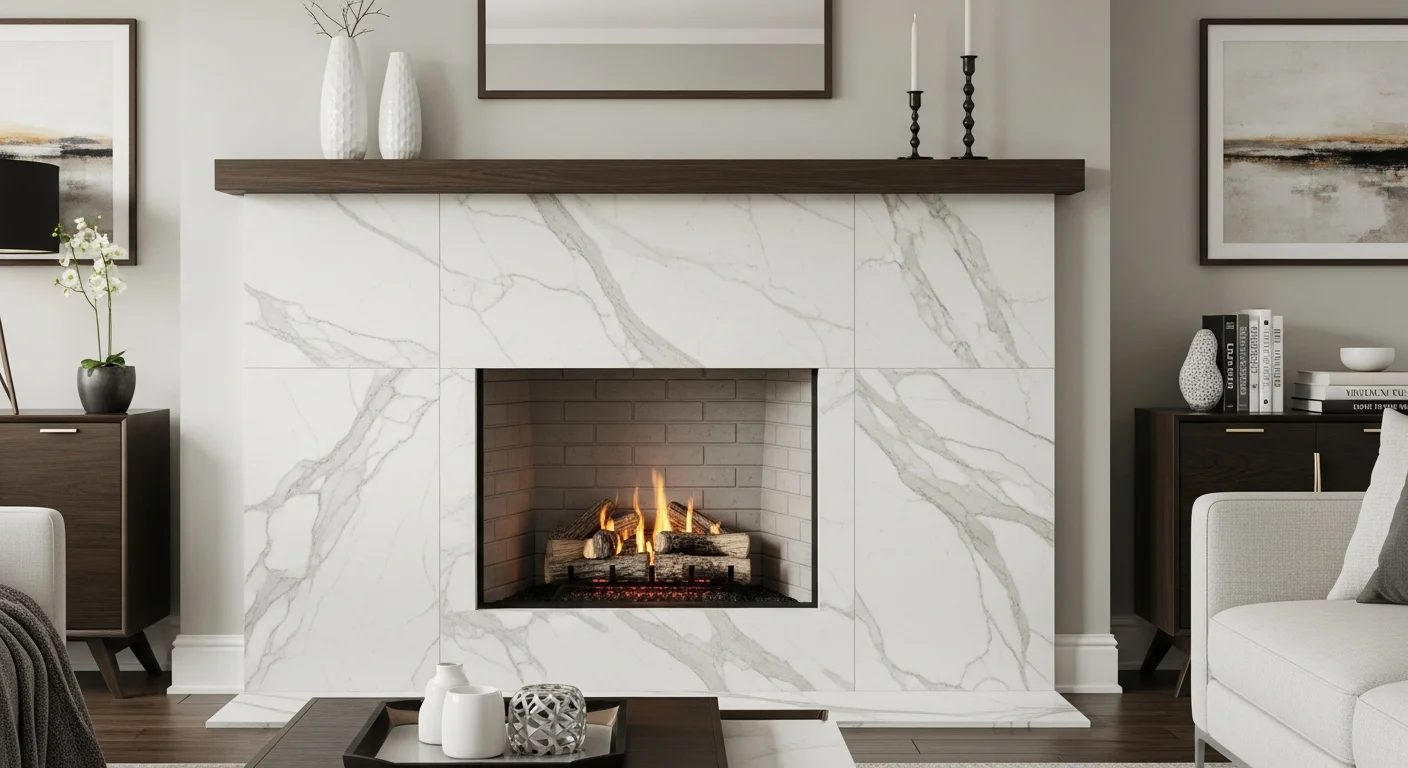 Tile fireplace surround installation over existing brick in a Grand Rapids Michigan living room