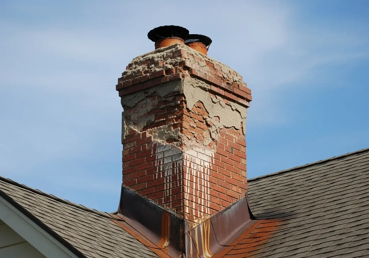 Close-up of spalling brick damage showing flaking and deterioration