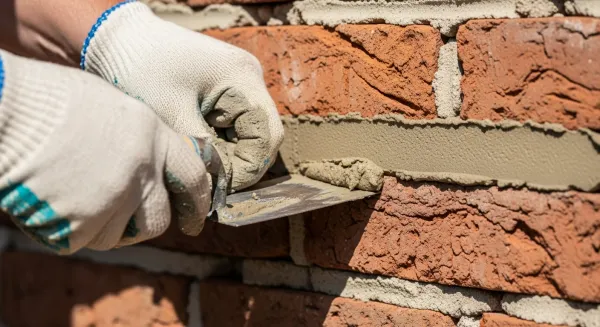 Professional mortar repair closeup - fresh mortar between red bricks tuckpointing