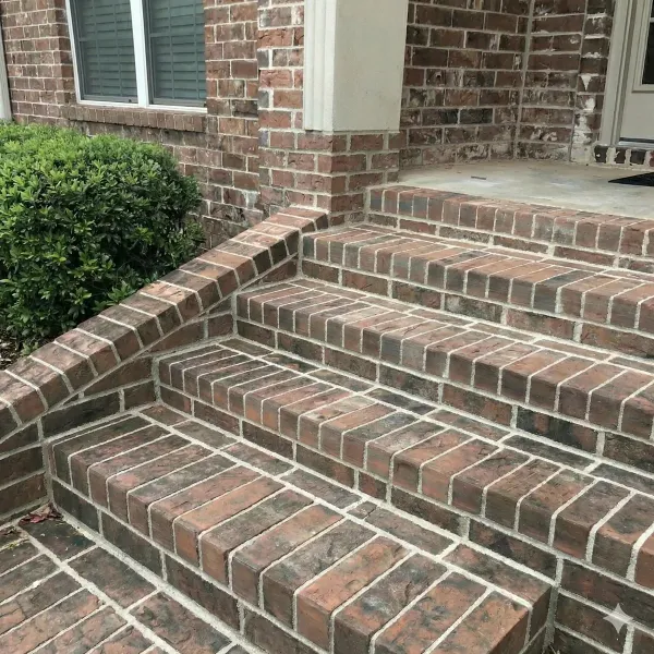 Closeup of fresh mortar repair on brick steps - professional tuckpointing Grand Rapids
