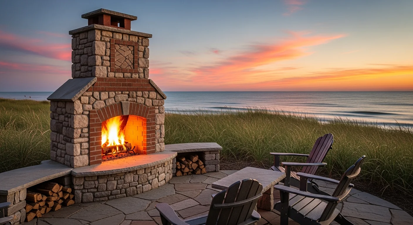 Outdoor stone fireplace at sunset overlooking Lake Michigan - luxury patio fireplace Grand Haven