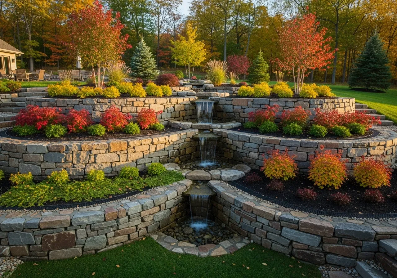 Natural stone retaining wall with steps leading to Lake Michigan beach - landscaped terraces Grand Haven MI