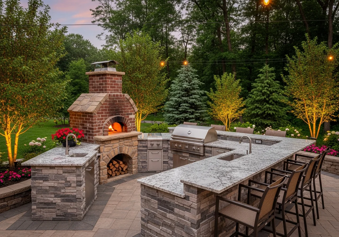 Custom stone outdoor kitchen with built-in grill overlooking Lake Michigan