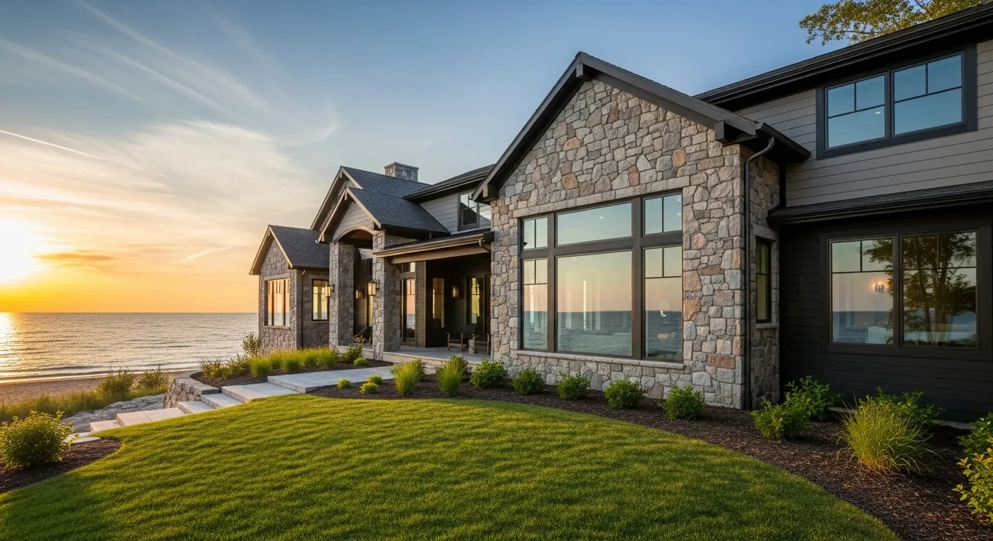 Brick paver patio at Michigan cottage lake house - curved seating wall with dock view Crystal Lake