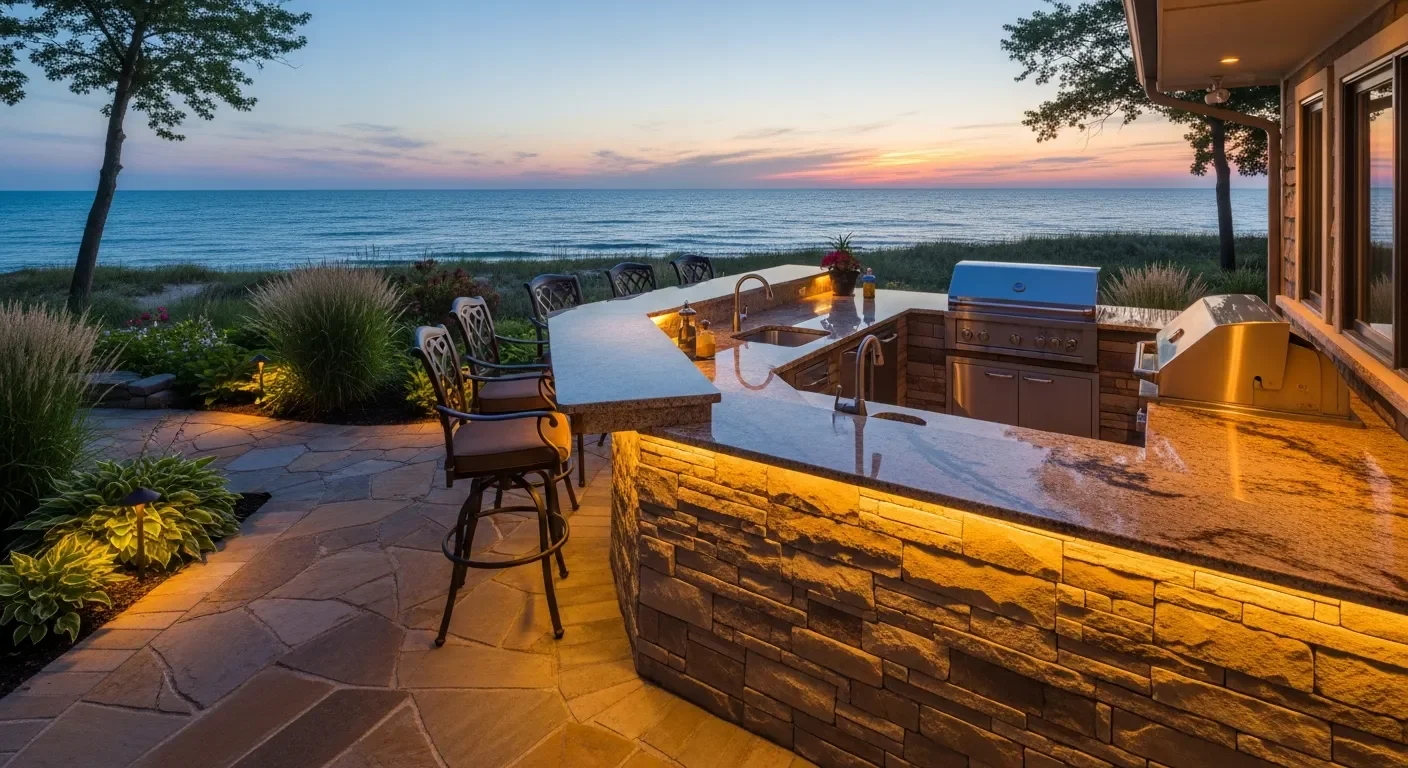 Luxury outdoor kitchen overlooking Lake Michigan at sunset - stone island with granite countertops Grand Haven MI